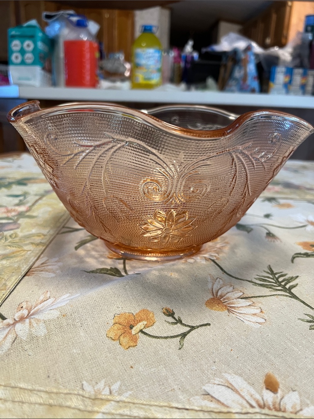 Peach Pink Vintage-Style Pressed Glass Bowl